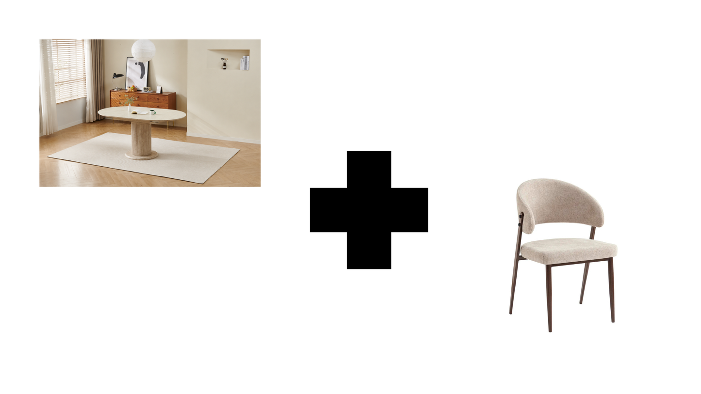 Lot table extensible Sofia travertin + chaises Lamia effet noyer