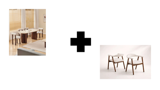 Lot table à manger Trinity effet travertin + chaises Berita effet noyer