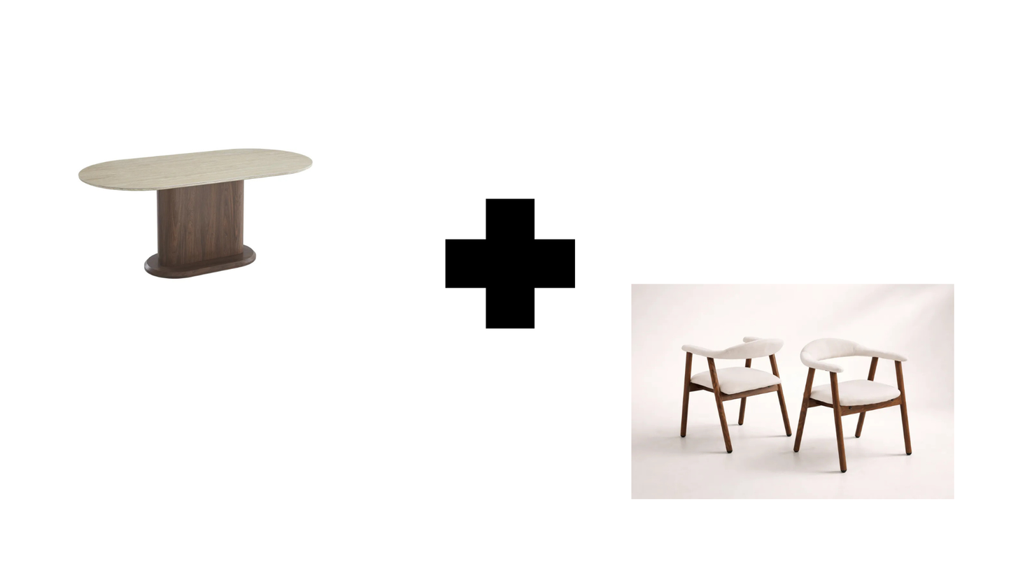 Lot table à manger Loka travertin/ noyer + chaises Berita effet noyer