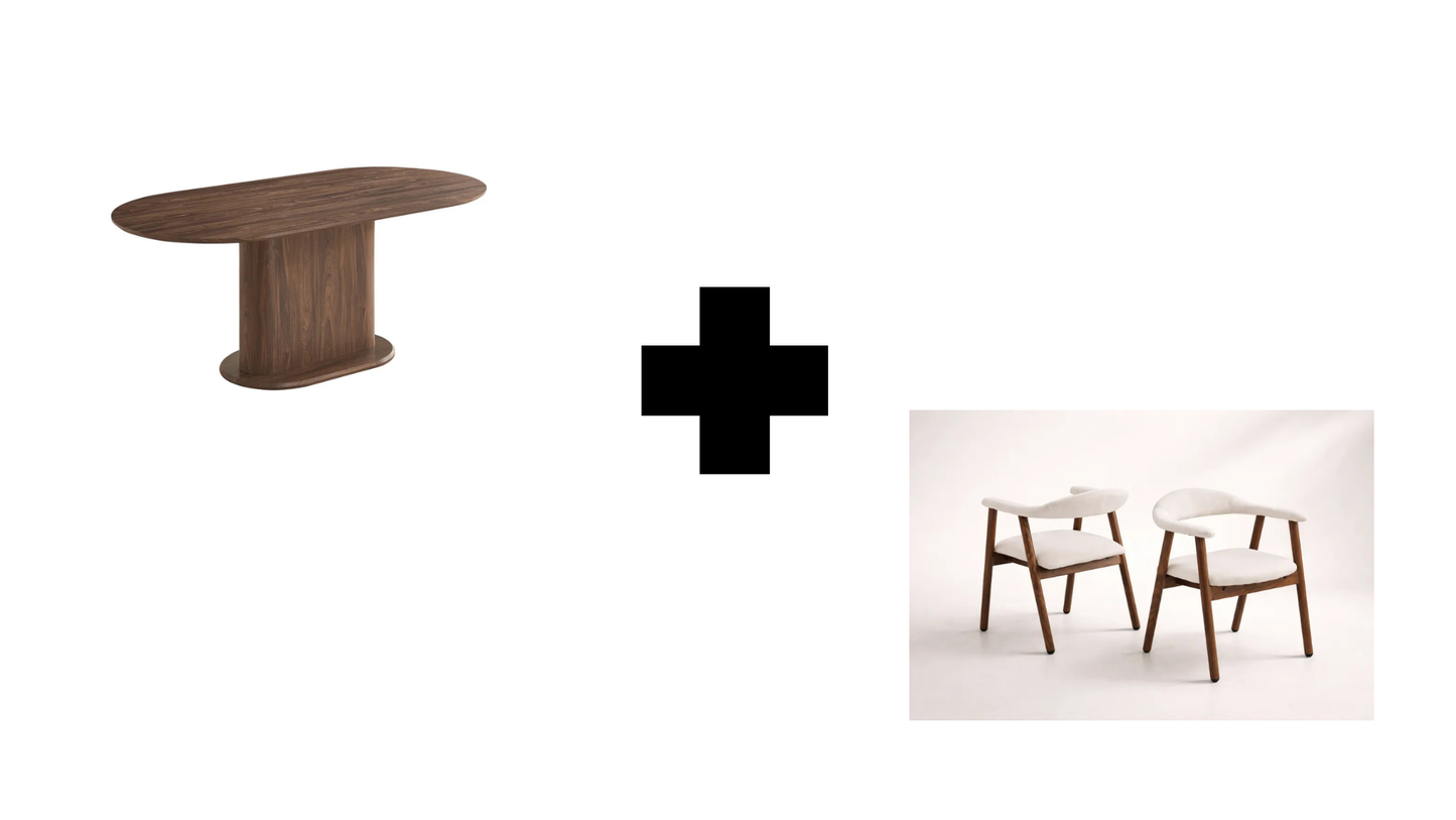 Lot table à manger Loka + chaises Berita bois noyer
