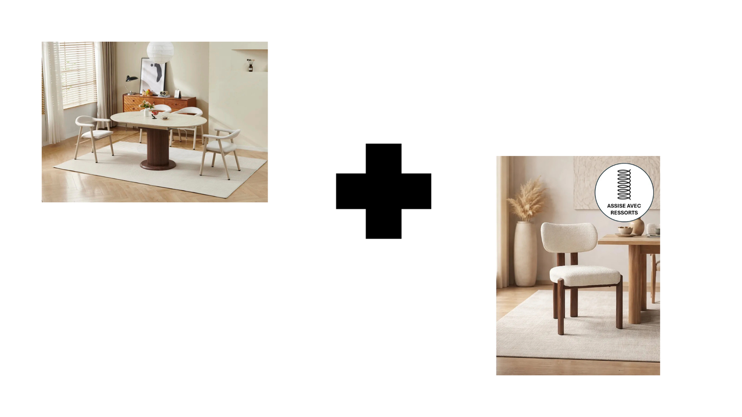 Lot table extensible Sofia travertin/ noyer + chaises Hera effet noyer