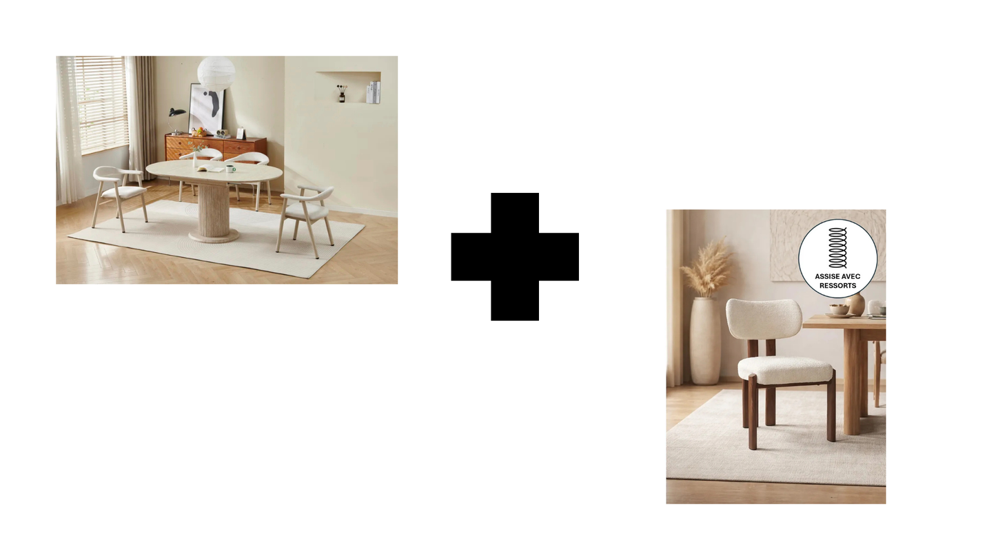 Lot table extensible Sofia travertin + chaises Hera effet noyer