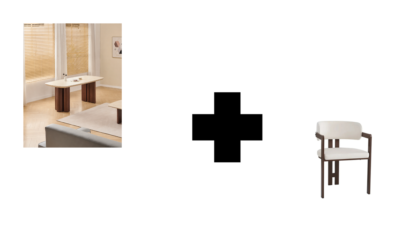 Lot table à manger Trinity effet travertin + chaises Mellow effet noyer