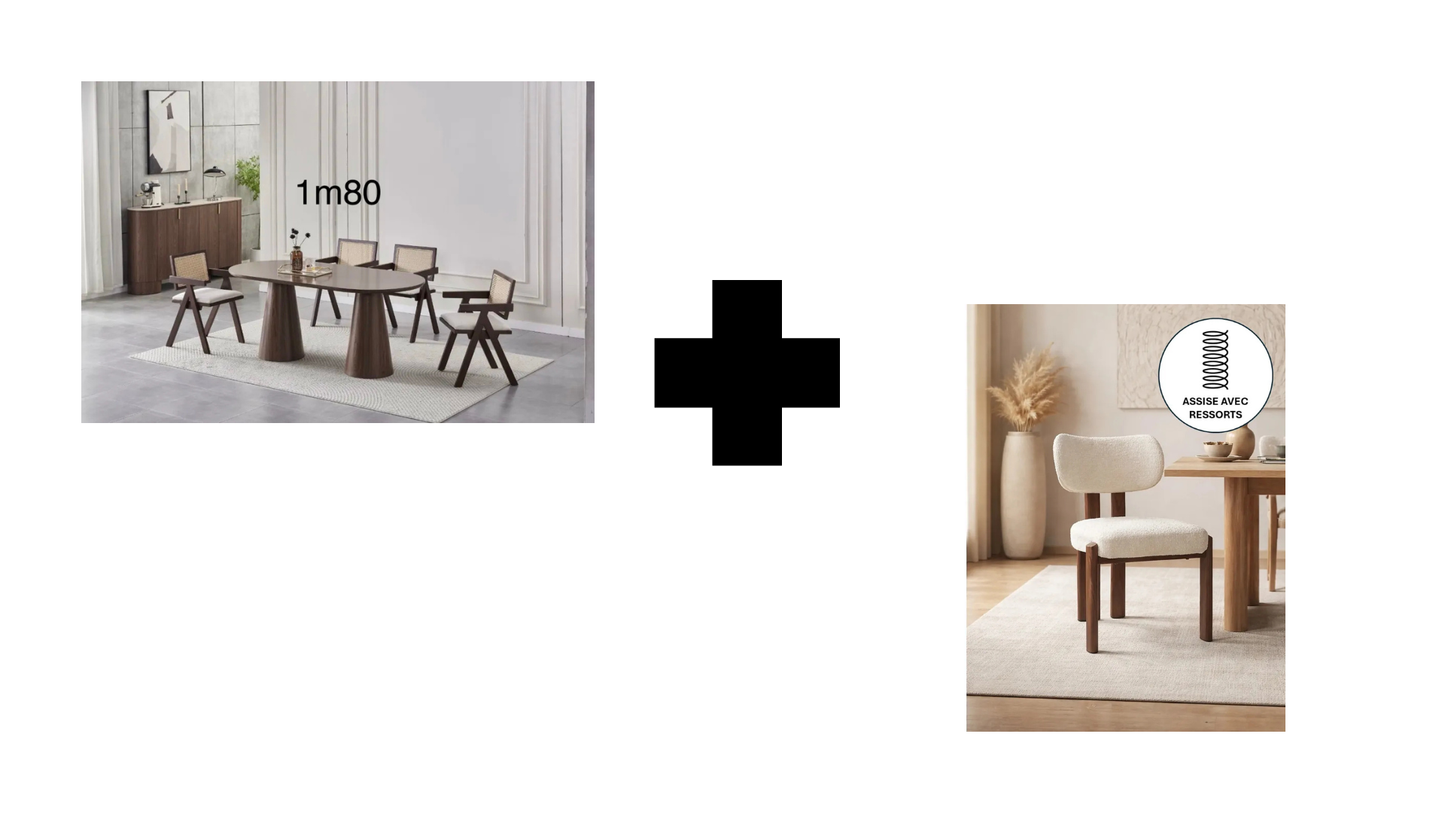 Lot table à manger Iconic 180x90cm effet bois noyer + chaises Hera effet noyer