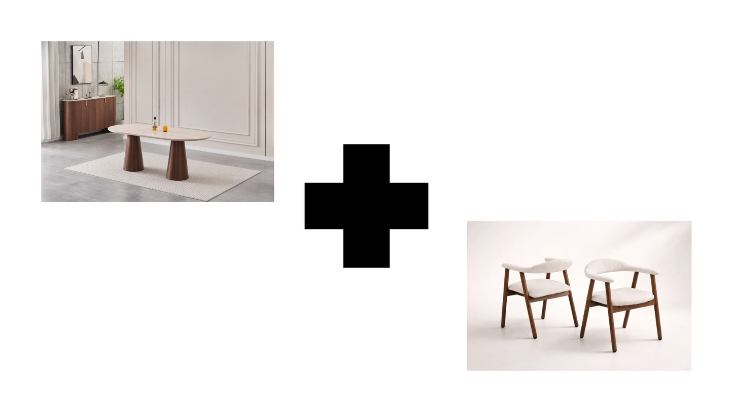 Lot table à manger Iconic 180x90cm effet travertin + chaises Berita effet noyer