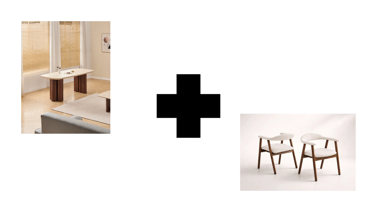 Lot table à manger Trinity effet travertin + chaises Berita effet noyer