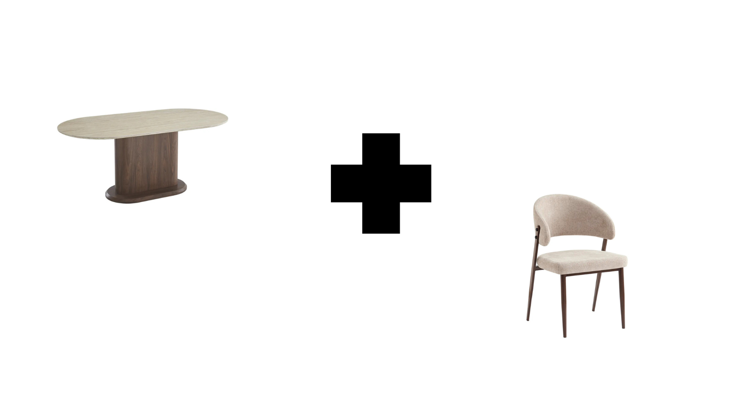 Lot table à manger Loka travertin/ noyer + chaises Lamia effet noyer