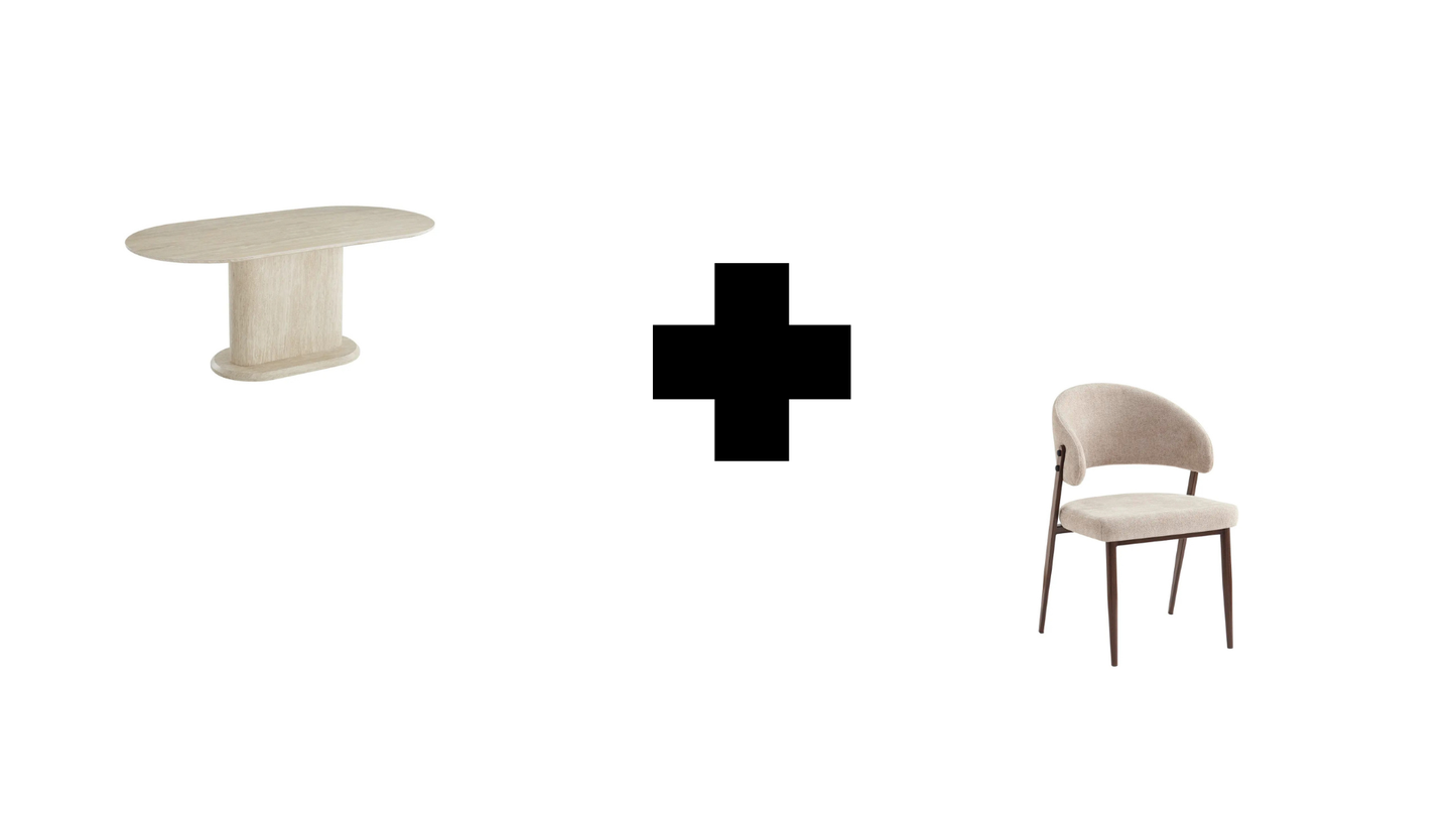 Lot table à manger Loka travertin+ chaises Lamia  effet noyer