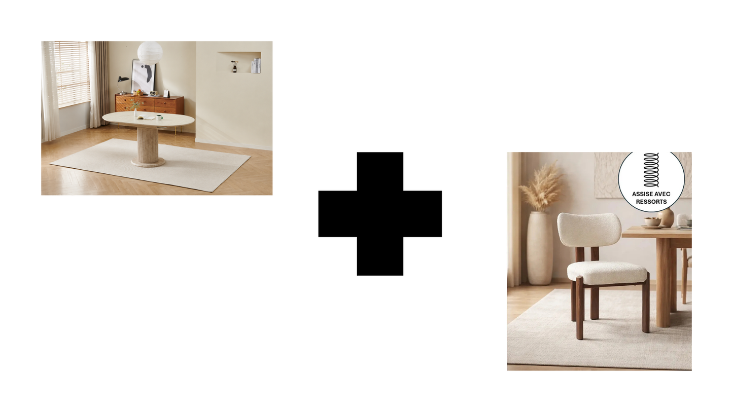 Lot table extensible Sofia travertin + chaises Hera effet noyer