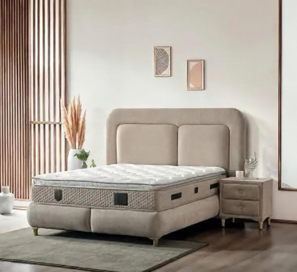 Lit coffre Madrid 160 × 200 cm en tissu taupe avec rangement intégré