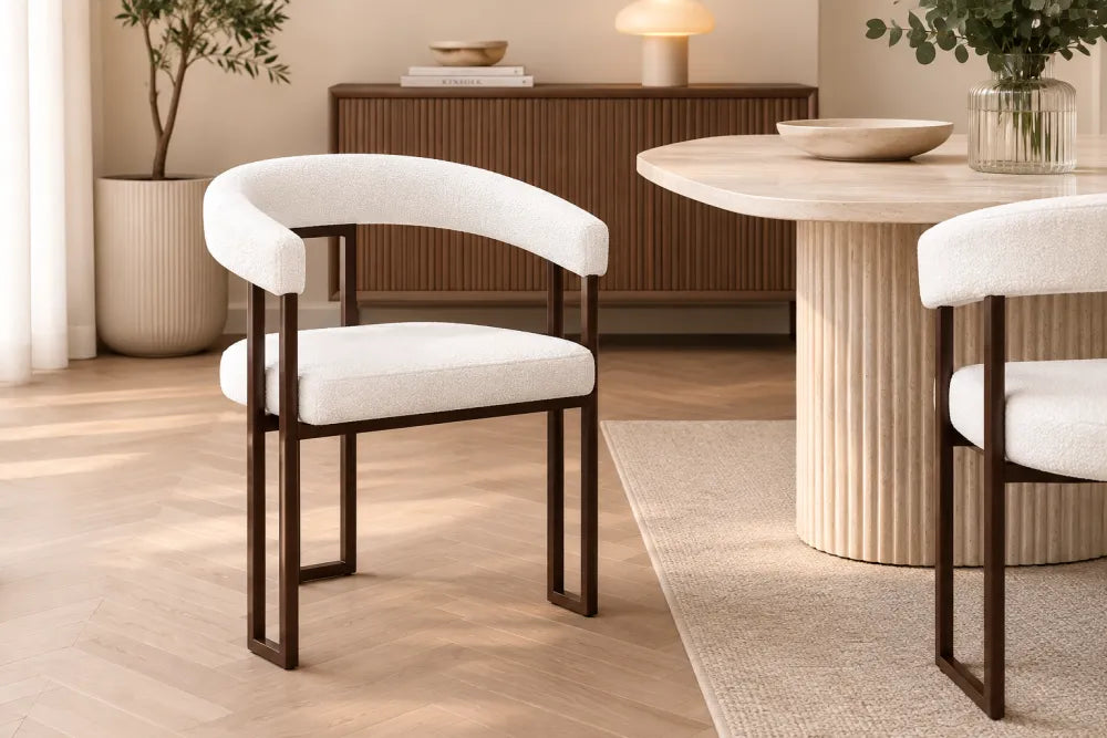 Chaise Naia pieds métal Effet Noyer Assise Tweed Latte noyer