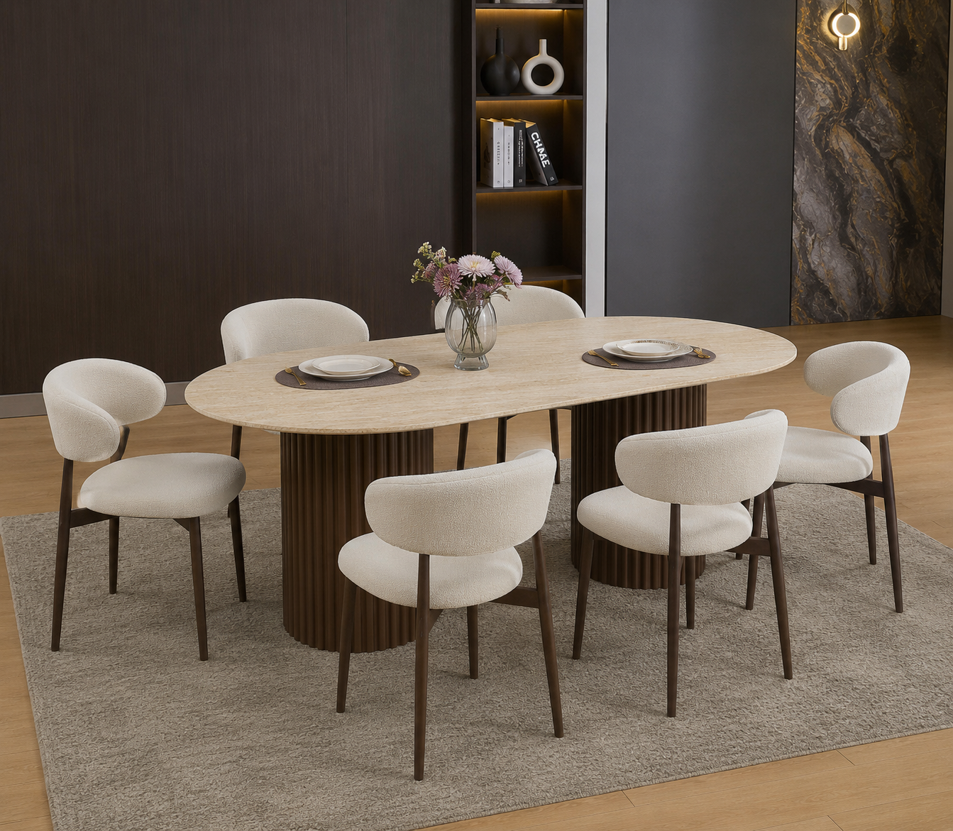 Lot table à manger Keysha travertin/noyer + chaises Lucile effet noyer