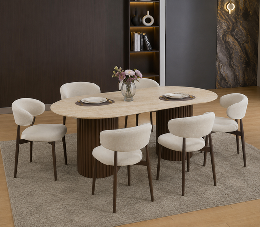 Lot table à manger Keysha travertin/noyer + chaises Lucile effet noyer
