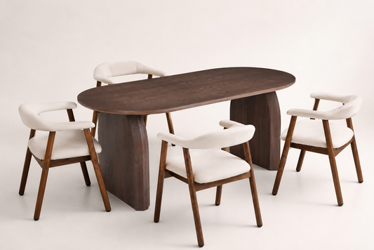 Lot table à manger Fluide + chaises Berita bois noyer