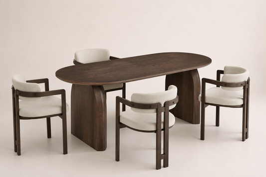 Lot table à manger Fluide + chaises Mellow chenille/ noyer
