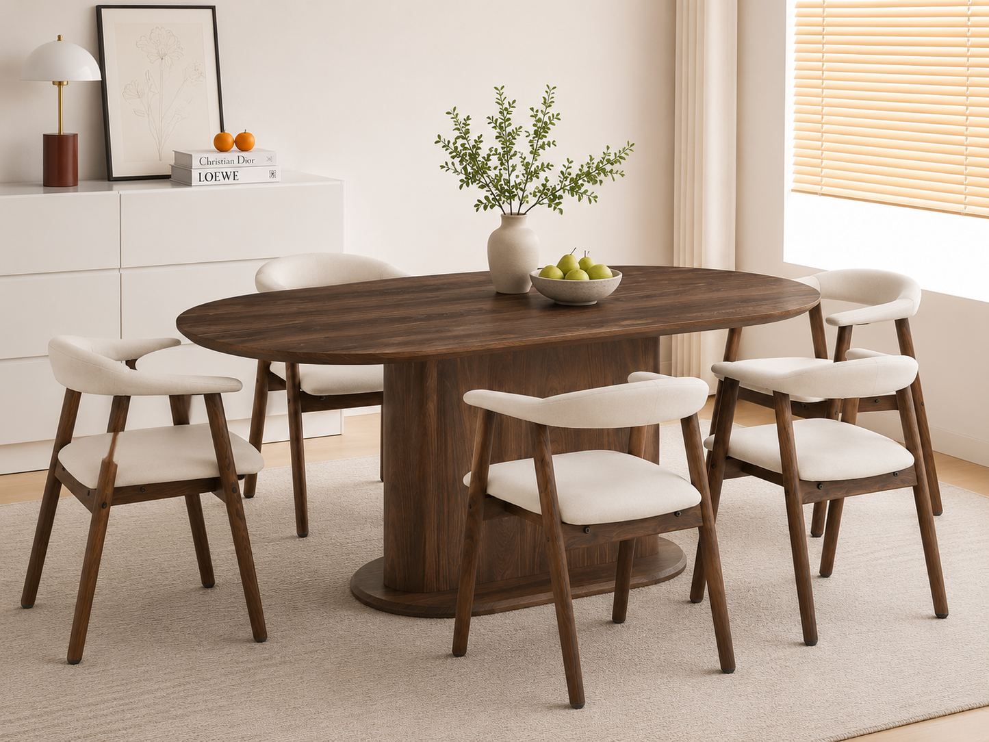 Lot table à manger Loka + chaises Berita bois noyer