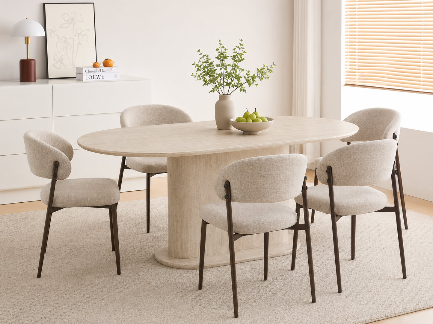 Lot table à manger Loka travertin+ chaises Lamia  effet noyer