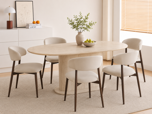Lot table à manger Loka travertin+ chaises Lucile effet noyer