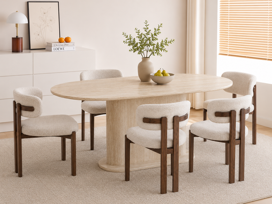 Lot table à manger Loka travertin+  chaises Mellow  effet noyer