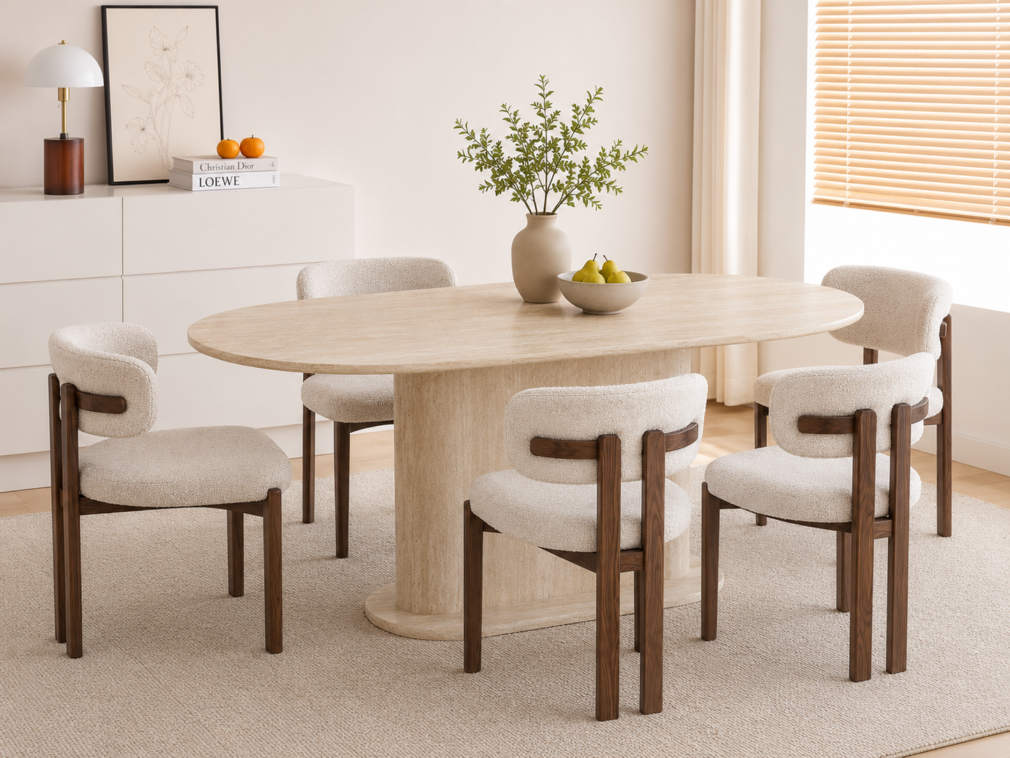 Lot table à manger Loka travertin+ chaises Hera  effet noyer