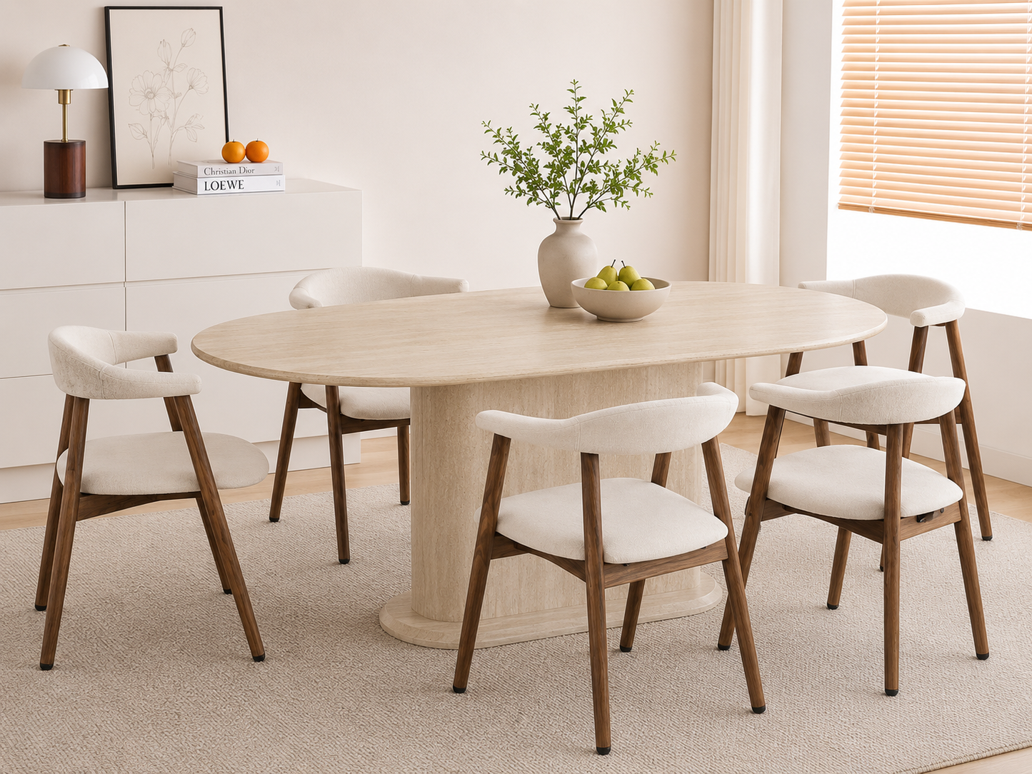 Lot table à manger Loka travertin+ chaises Berita  effet noyer