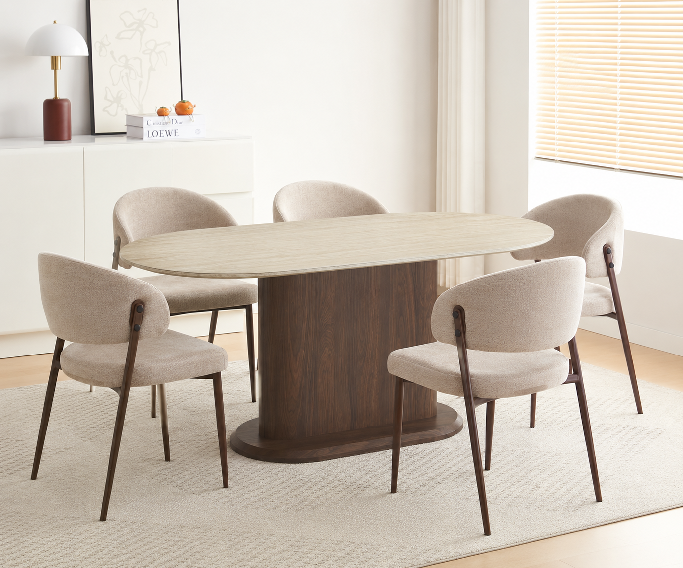 Lot table à manger Loka travertin/ noyer + chaises Lamia effet noyer