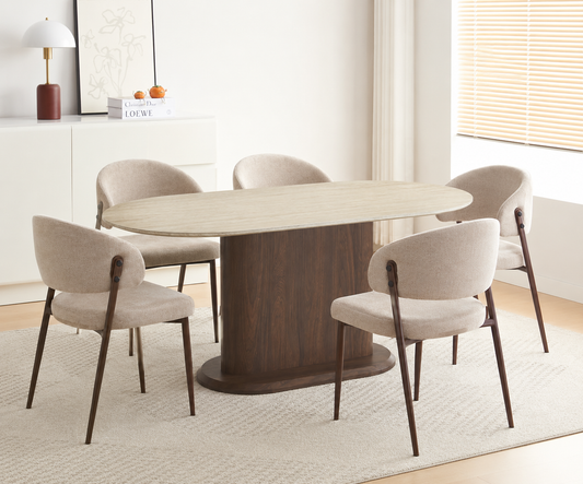 Lot table à manger Loka travertin/ noyer + chaises Lamia effet noyer