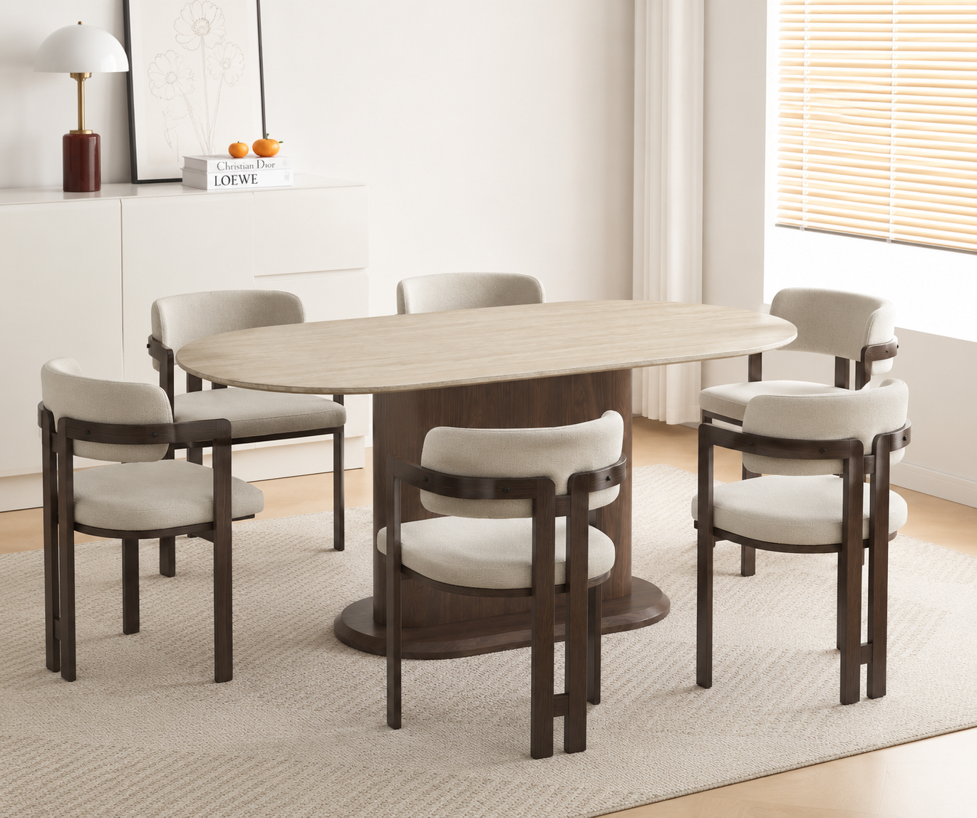 Lot table à manger Loka travertin/ noyer + chaises Mellow effet noyer