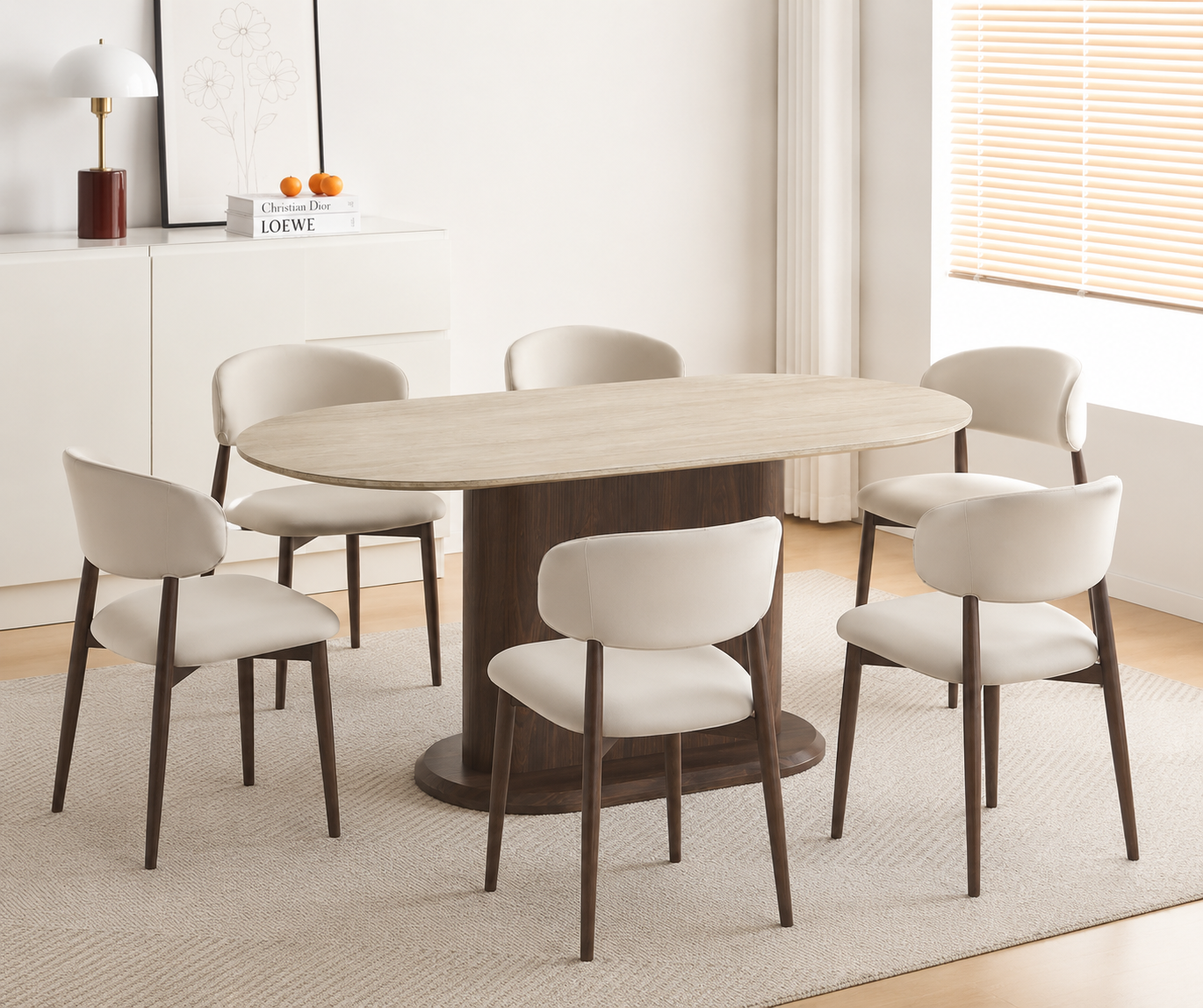 Lot table à manger Loka travertin/ noyer + chaises Lucile effet noyer