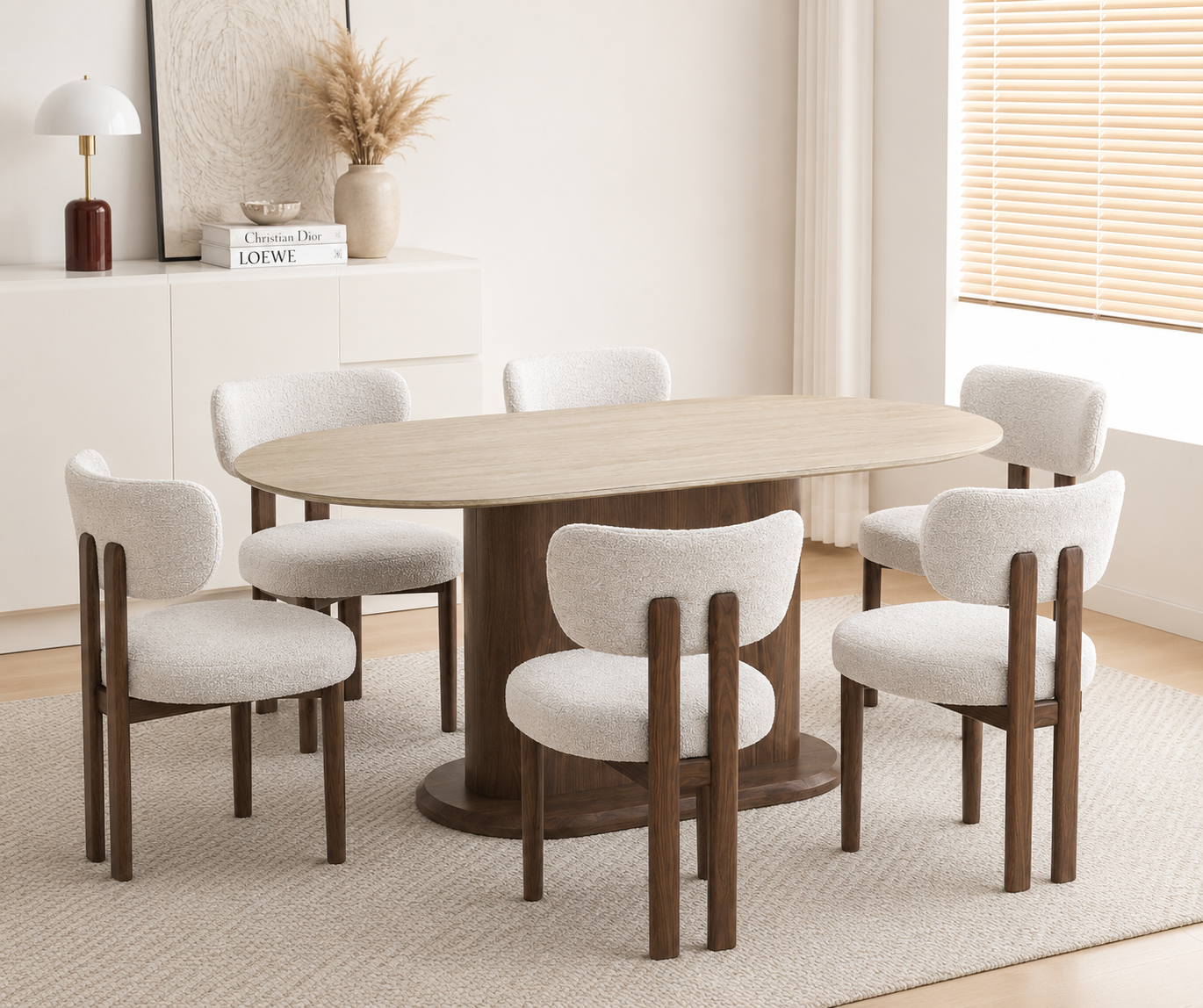 Lot table à manger Loka travertin/ noyer + chaises Hera  effet noyer
