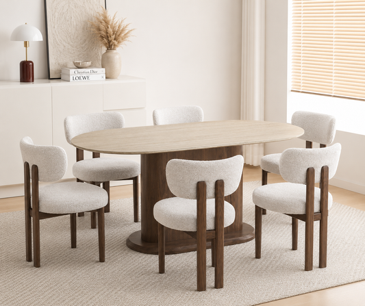 Lot table à manger Loka travertin/ noyer + chaises Hera  effet noyer