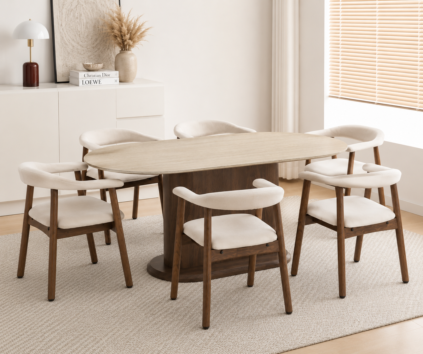 Lot table à manger Loka travertin/ noyer + chaises Berita effet noyer
