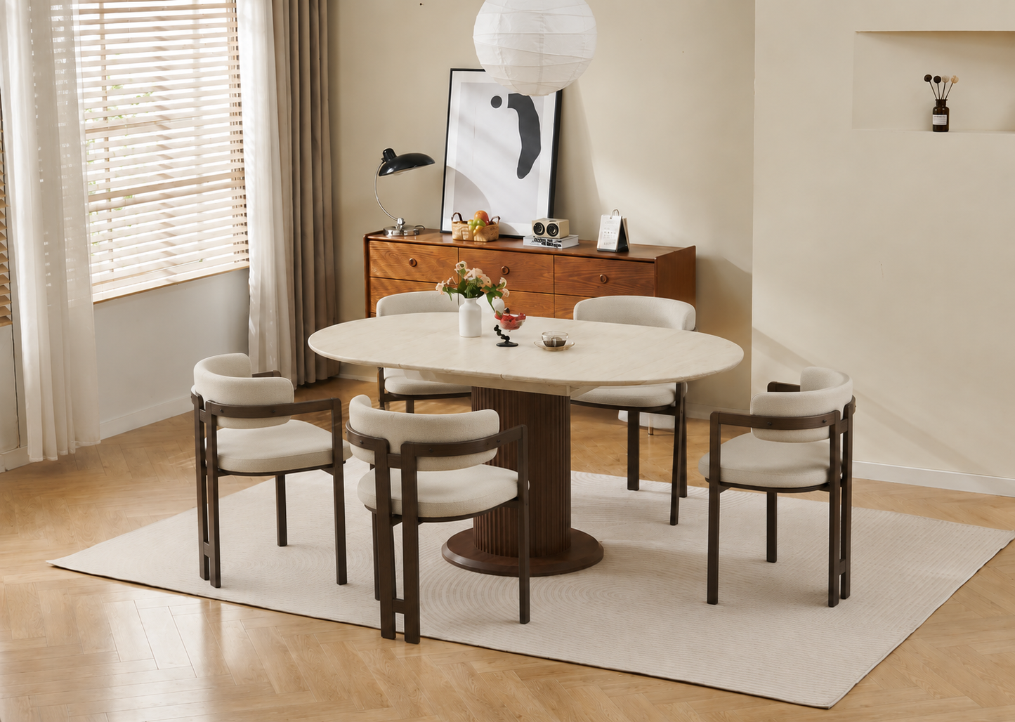 Lot table extensible Sofia travertin/ noyer + chaises Mellow effet noyer