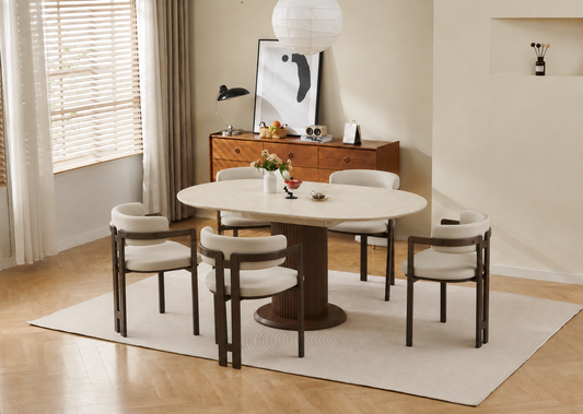 Lot table extensible Sofia travertin/ noyer + chaises Mellow effet noyer