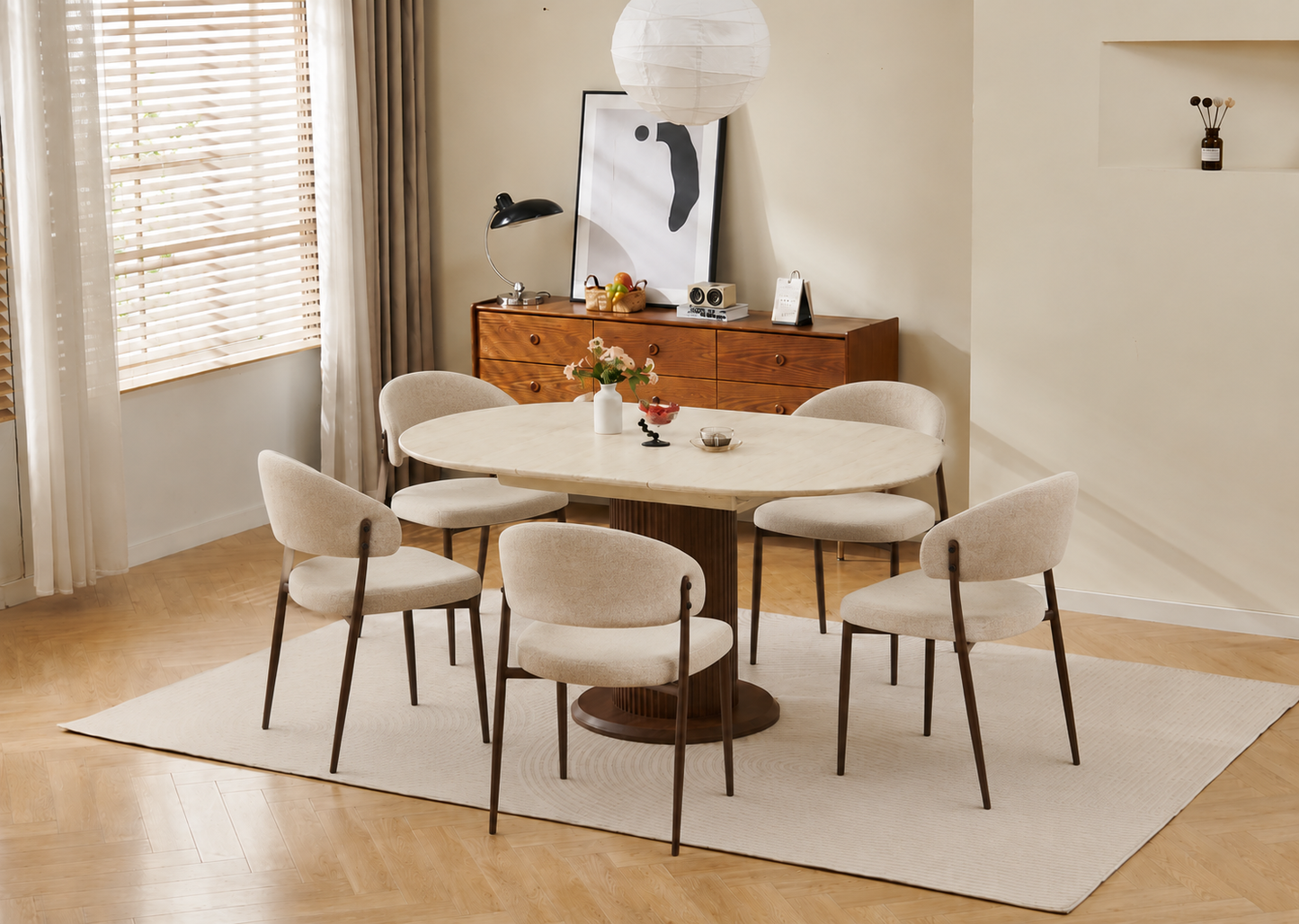 Lot table extensible Sofia travertin/ noyer + chaises Lamia effet noyer