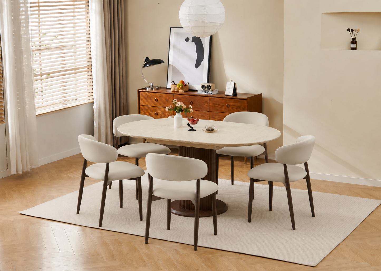 Lot table extensible Sofia travertin/ noyer + chaises Lucile effet noyer