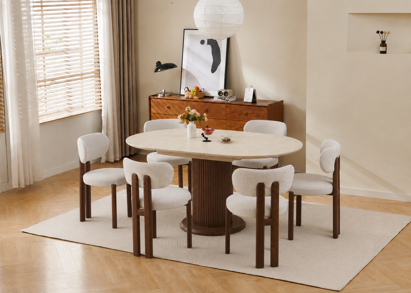 Lot table extensible Sofia travertin/ noyer + chaises Hera effet noyer