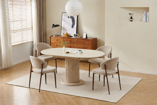 Lot table extensible Sofia travertin + chaises Lamia effet noyer