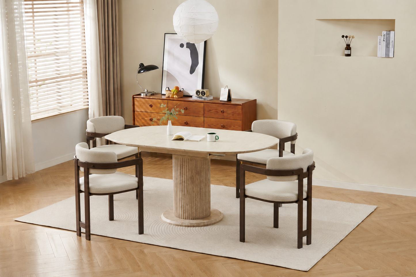 Lot table extensible Sofia travertin + chaises Mellow effet noyer