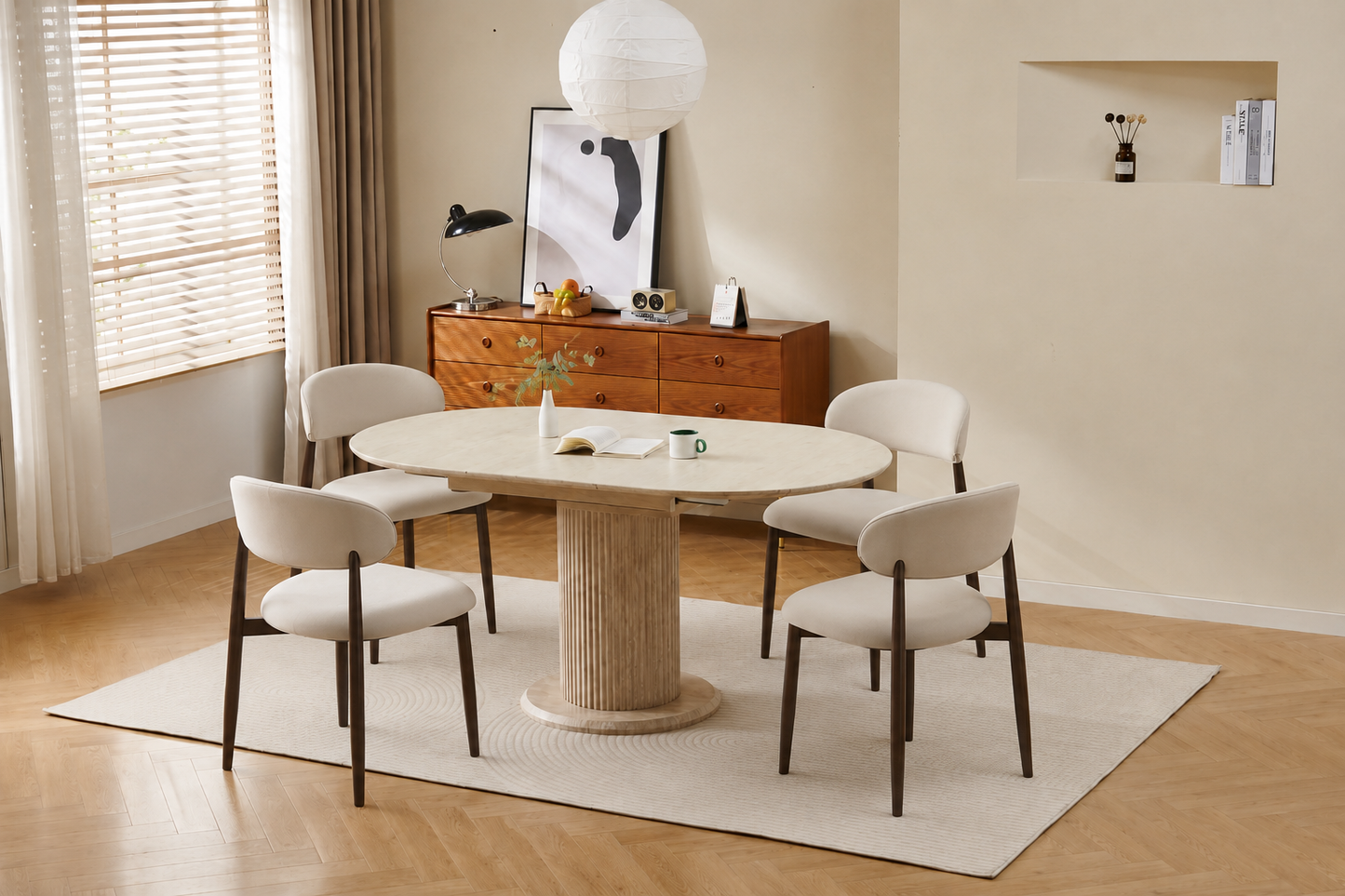 Lot table extensible Sofia travertin + chaises Lucile effet noyer