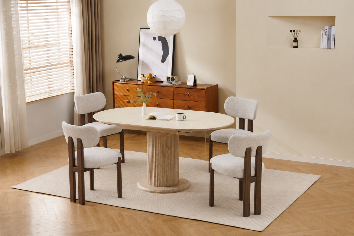 Lot table extensible Sofia travertin + chaises Hera effet noyer