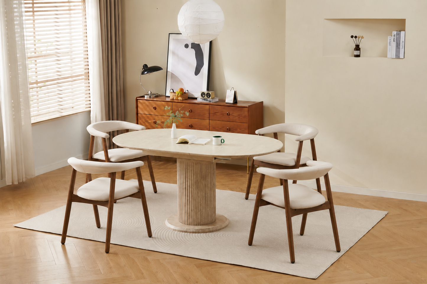 Lot table extensible Sofia travertin + chaises Berita effet noyer