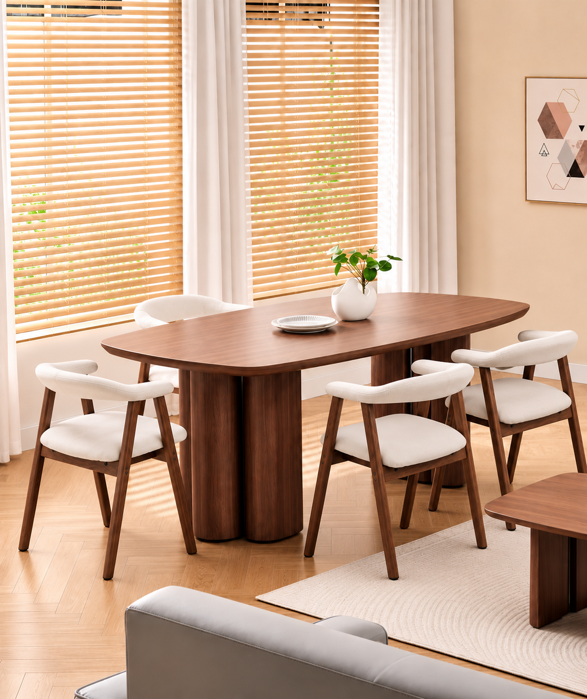 Lot table à manger Trinity effet noyer + chaises Berita effet noyer