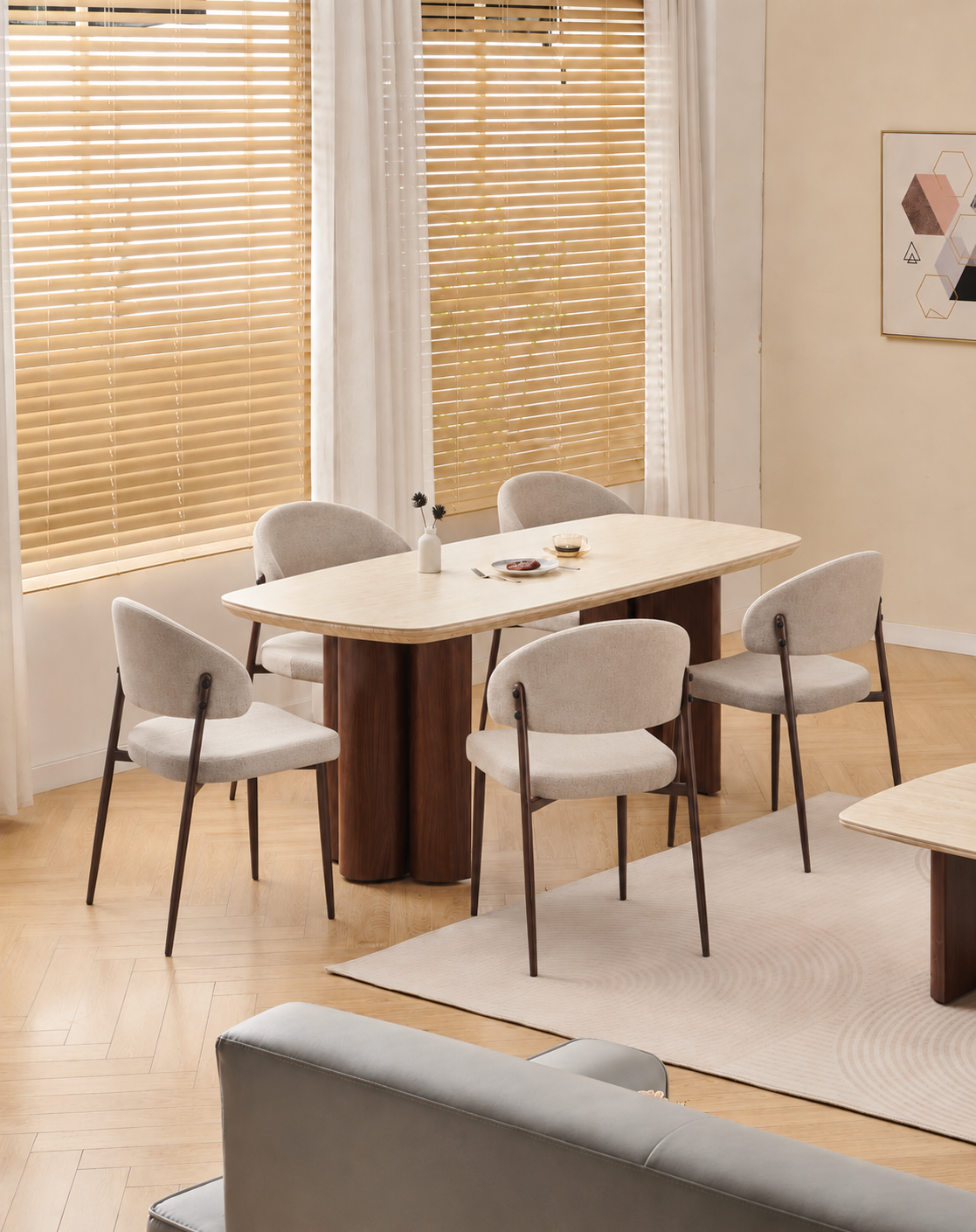 Lot table à manger Trinity effet travertin + chaises Lamia effet noyer