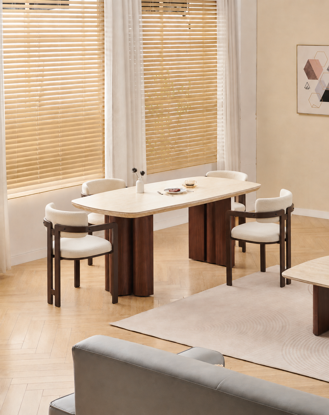 Lot table à manger Trinity effet travertin + chaises Mellow effet noyer