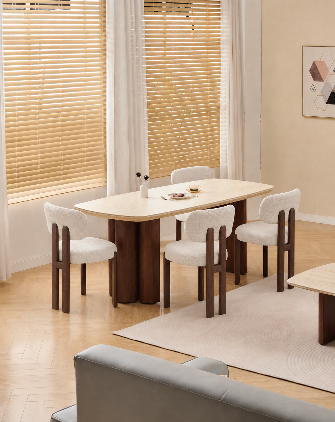 Lot table à manger Trinity effet travertin + chaises Hera effet noyer