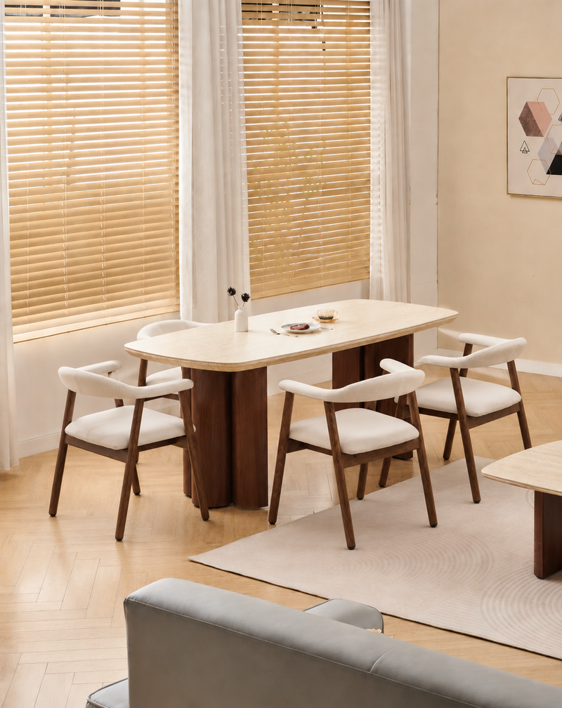 Lot table à manger Trinity effet travertin + chaises Berita effet noyer