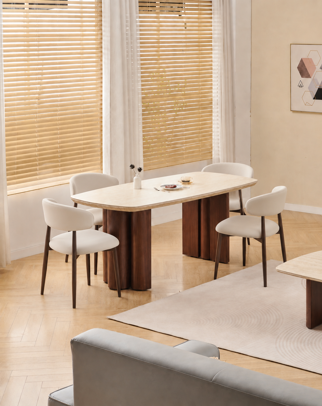 Lot table à manger Trinity effet travertin + chaises Lucile effet noyer