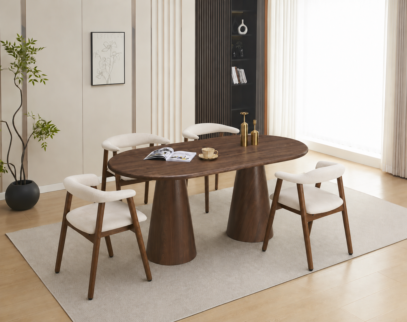 Lot table à manger Iconic 150x90cm effet bois noyer + chaises Berita effet noyer