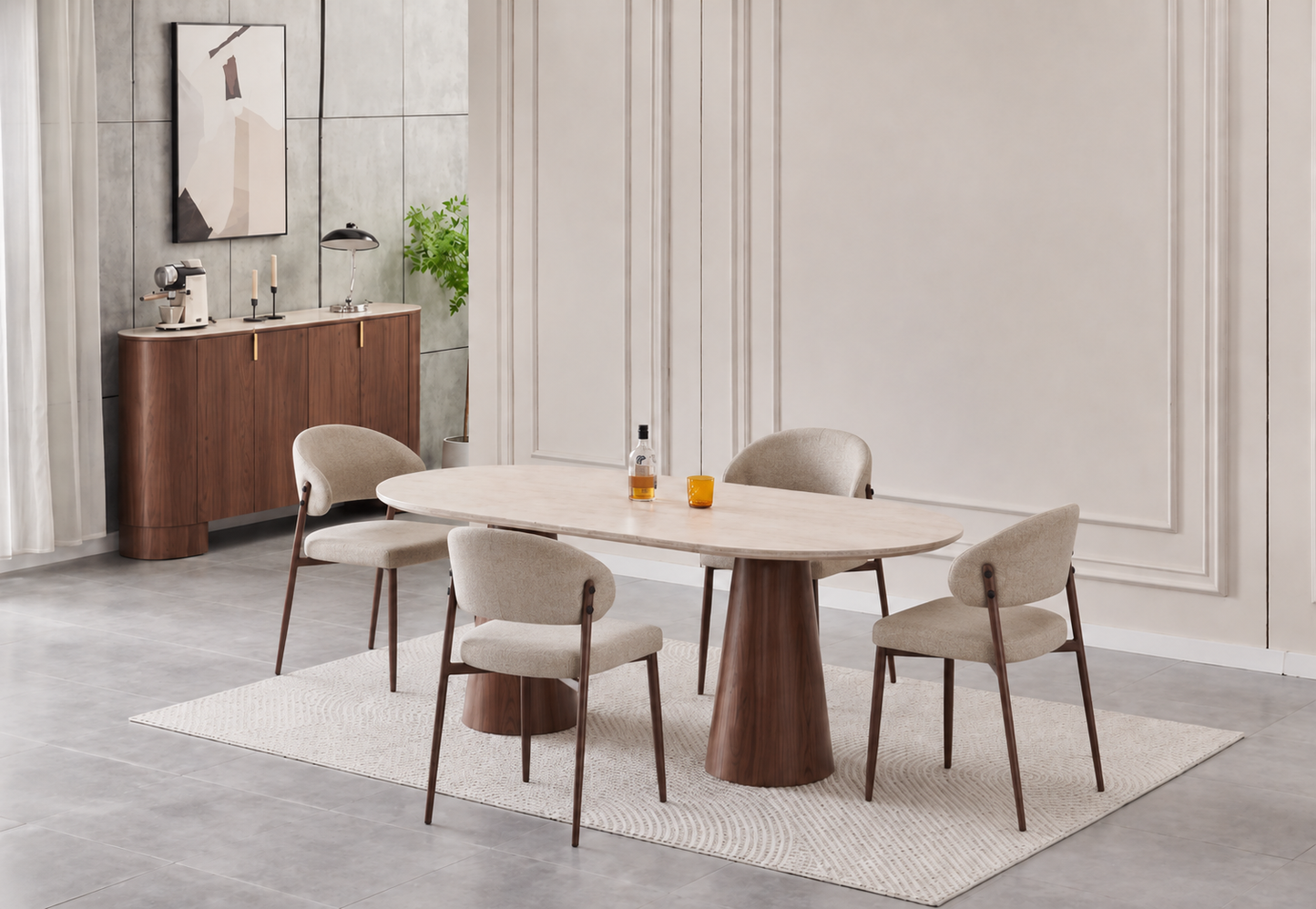Lot table à manger Iconic 180x90cm effet travertin + chaises Lamia effet noyer